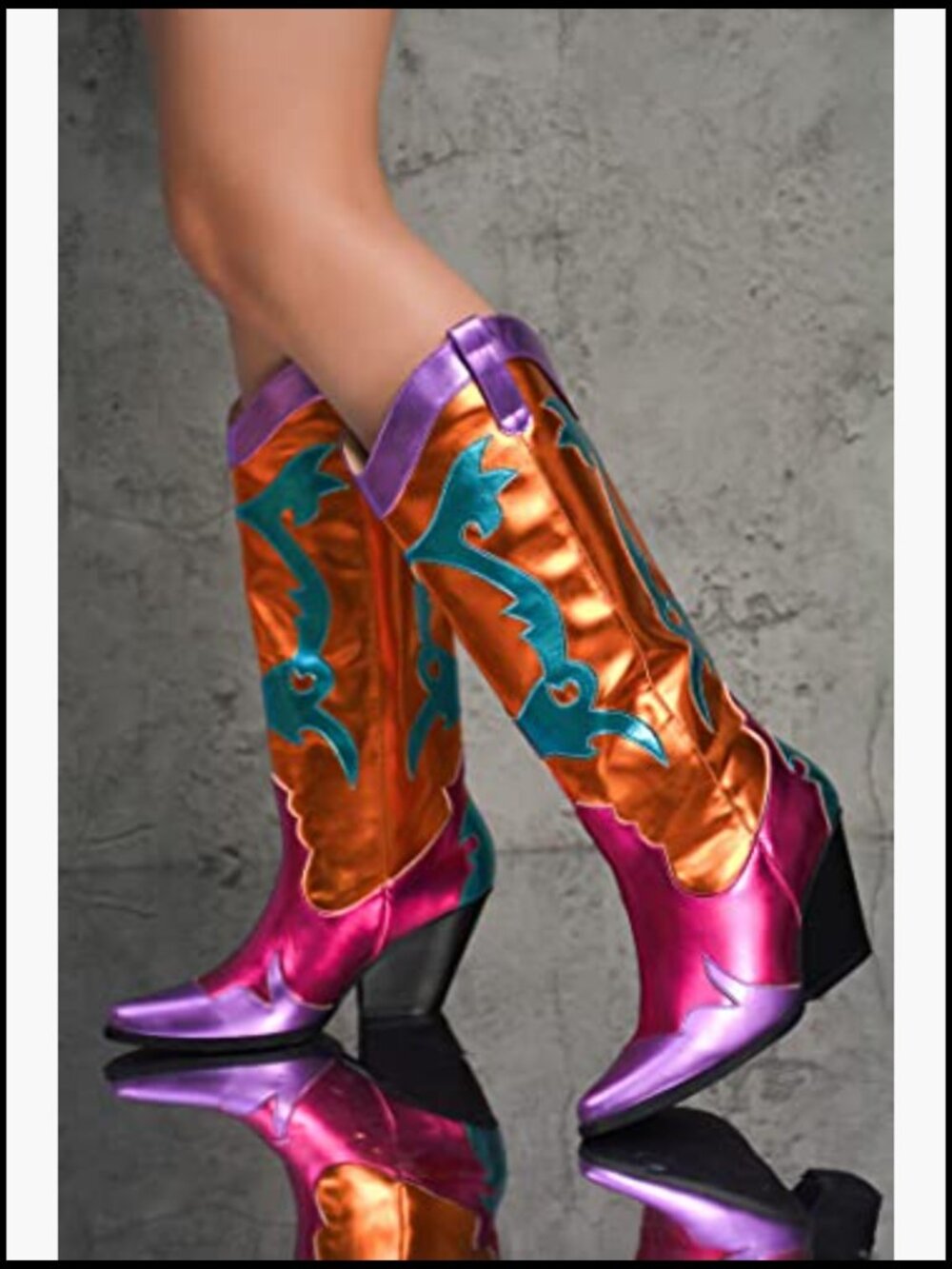 Metallic Colorblock Cowboy Boots Mid Calf 3 Inch Heel Pointed Toe Western Boots - Picture 2 of 7